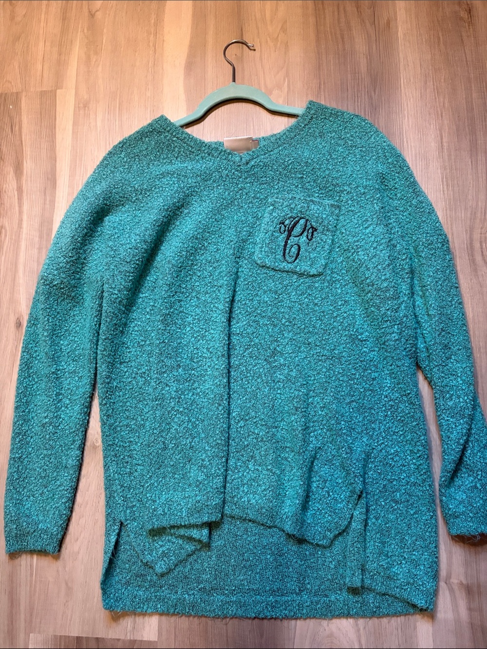 Marleylilly Blooper Teal Bouclé Women's Sweater with Pocket Monogram with a C